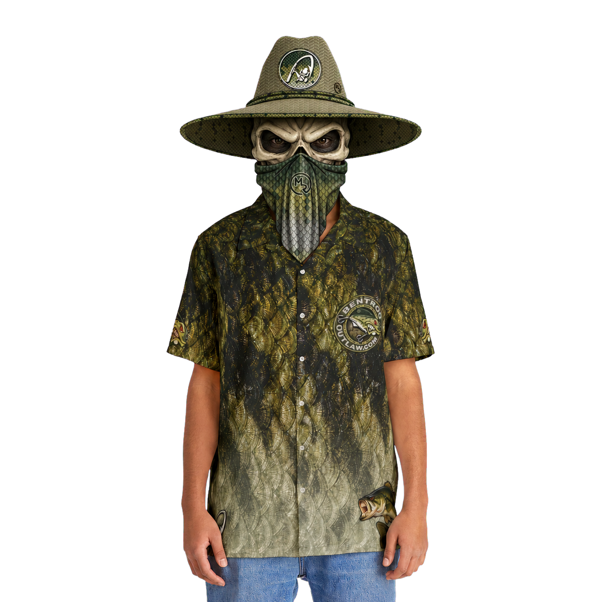 The Bentrod Outlaw Seal — Largemouth Bass Edition Hawaiian Shirt | Fish Scale Camp Shirt, Unisex All-Over Print