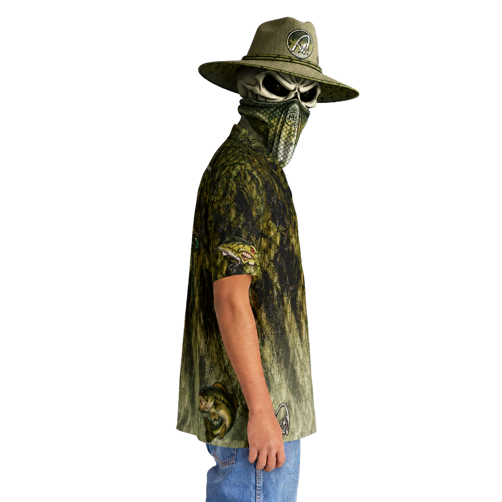 The Bentrod Outlaw Seal — Largemouth Bass Edition Hawaiian Shirt | Fish Scale Camp Shirt, Unisex All-Over Print