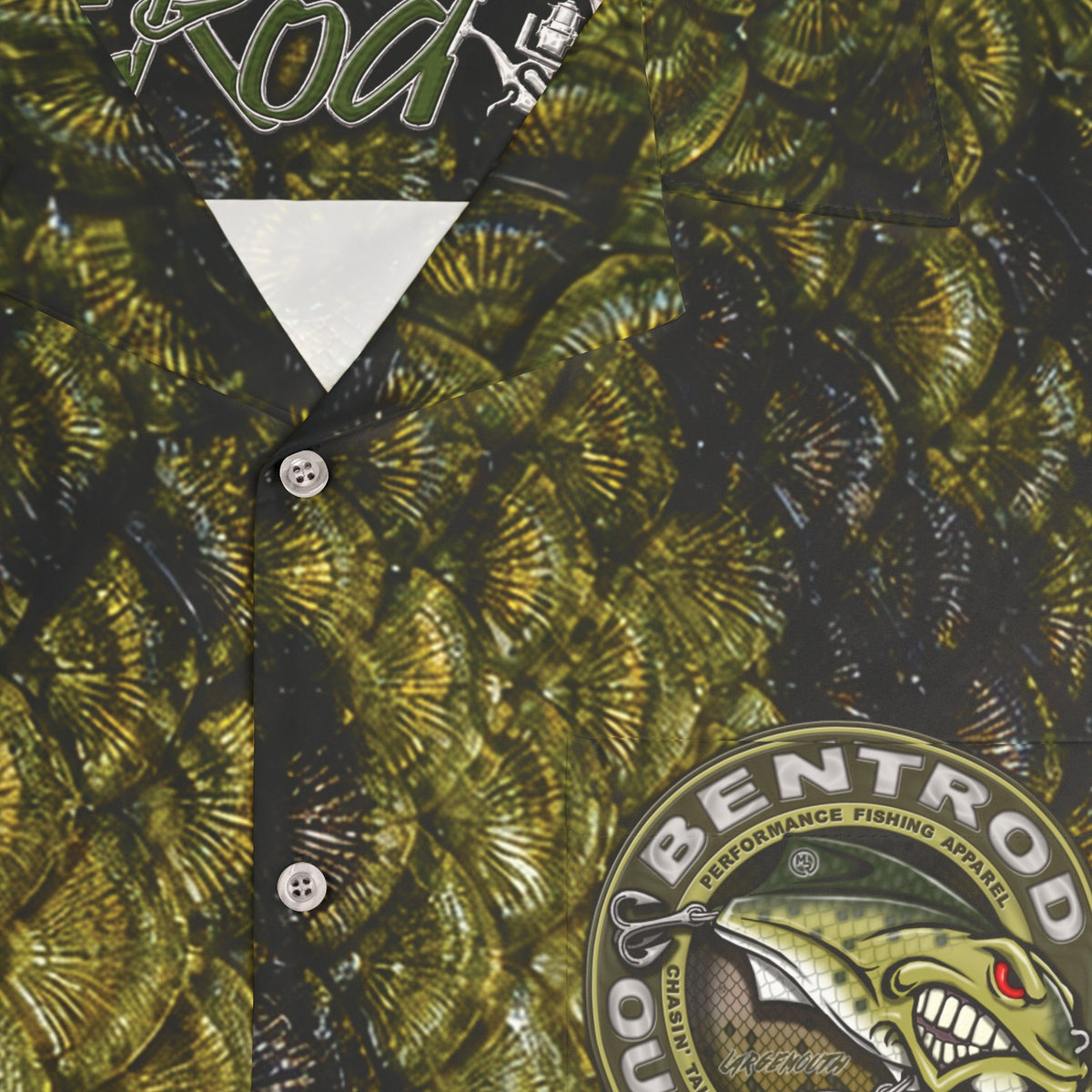 The Bentrod Outlaw Seal — Largemouth Bass Edition Hawaiian Shirt | Fish Scale Camp Shirt, Unisex All-Over Print