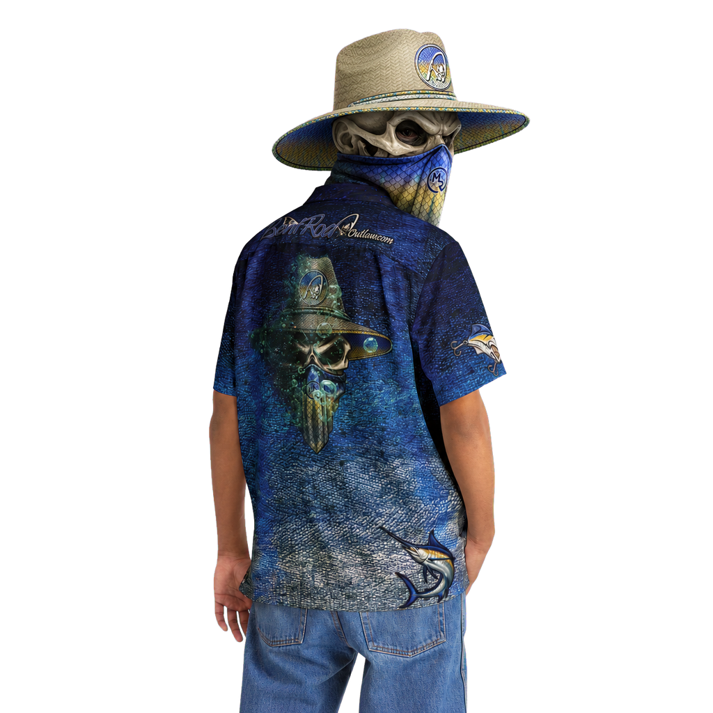 The Bentrod Outlaw Seal — Marlin Edition Hawaiian Shirt | Fish Scale Camp Shirt, Unisex All-Over Print