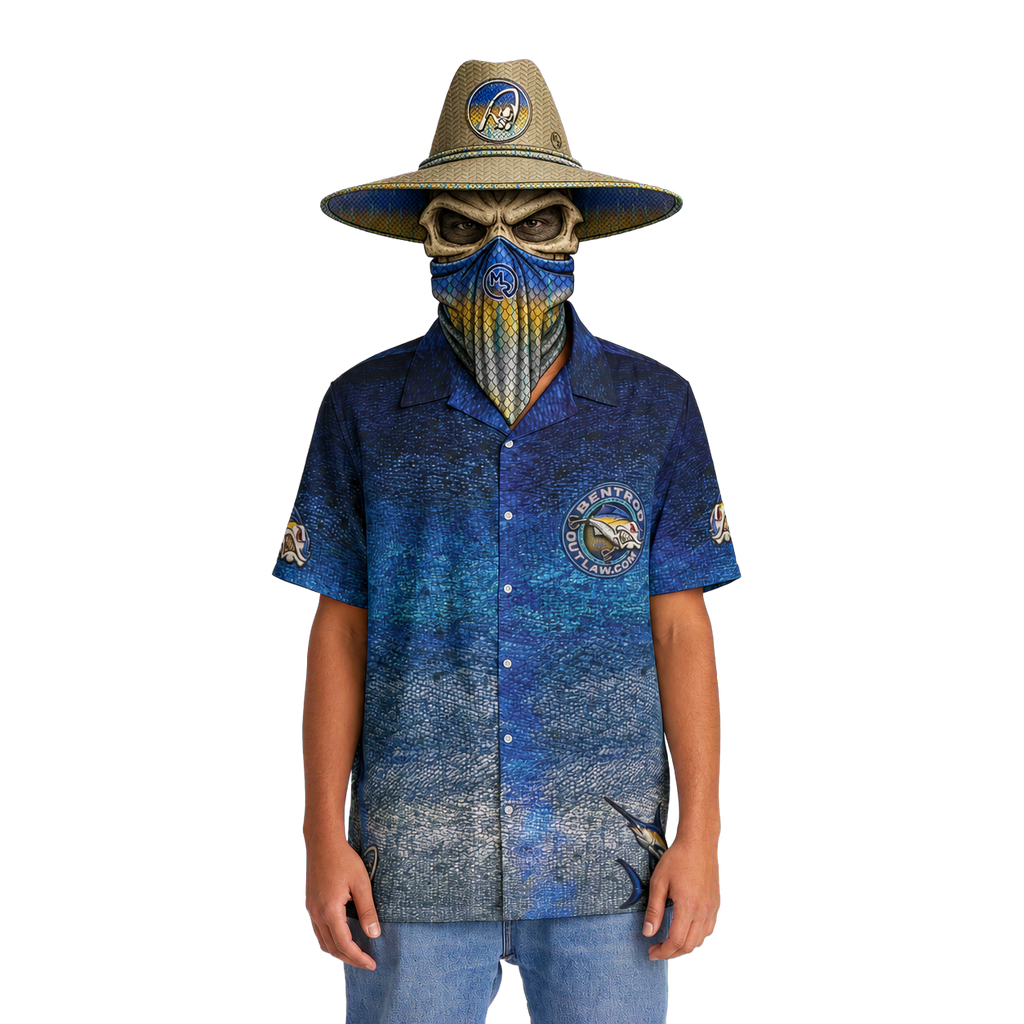 The Bentrod Outlaw Seal — Marlin Edition Hawaiian Shirt | Fish Scale Camp Shirt, Unisex All-Over Print