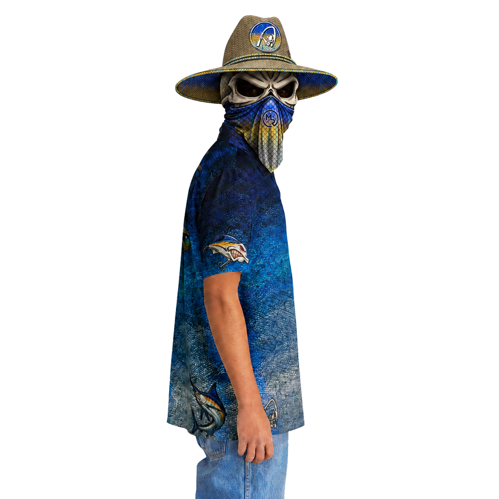 The Bentrod Outlaw Seal — Marlin Edition Hawaiian Shirt | Fish Scale Camp Shirt, Unisex All-Over Print