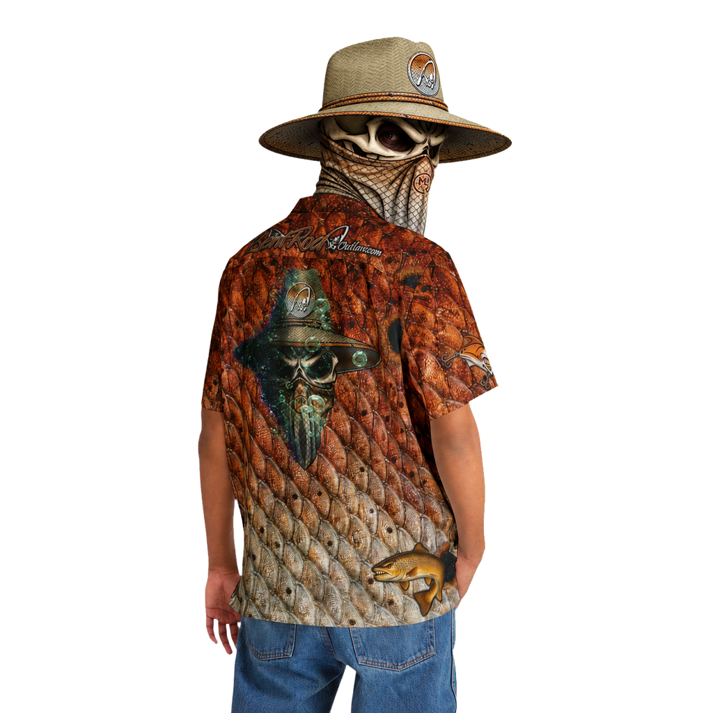 The Bentrod Outlaw Seal — Redfish Edition Hawaiian Shirt | Fish Scale Camp Shirt, Unisex All-Over Print