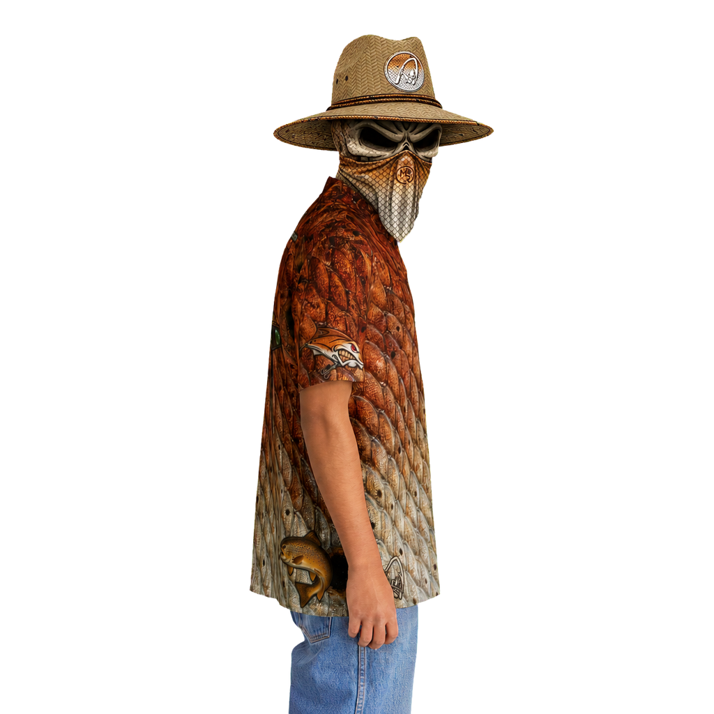 The Bentrod Outlaw Seal — Redfish Edition Hawaiian Shirt | Fish Scale Camp Shirt, Unisex All-Over Print